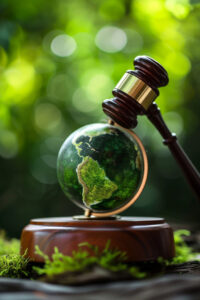 Gavel and green eco globe international law.
